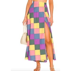 SWF Cuixmala Wrap Maxi Skirt M High Waist Pastel Check Geometric Cotton A-Line